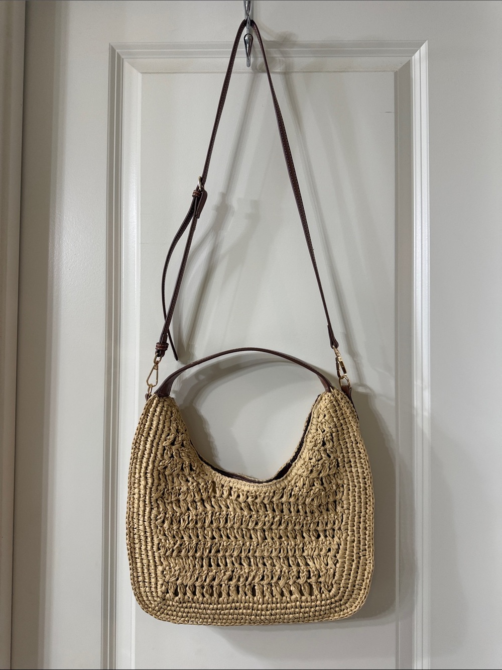 Moda Luxe Beige Woven Shoulder Bag with Brown Strap